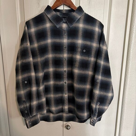 Dovetail Workwear Women’s Large Flannel Shirt Gray Blue Tan Plaid Button Up - Picture 1 of 8